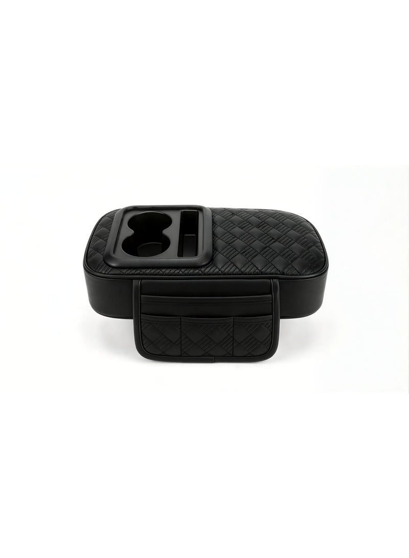 general Leather car armrest with cup holder and pockets for small items, padded design, - black - Image 2